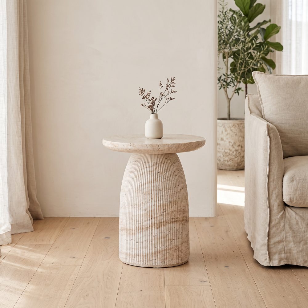 Fluted Travertine Look Side Table 45cm Round Accent Table Neutral