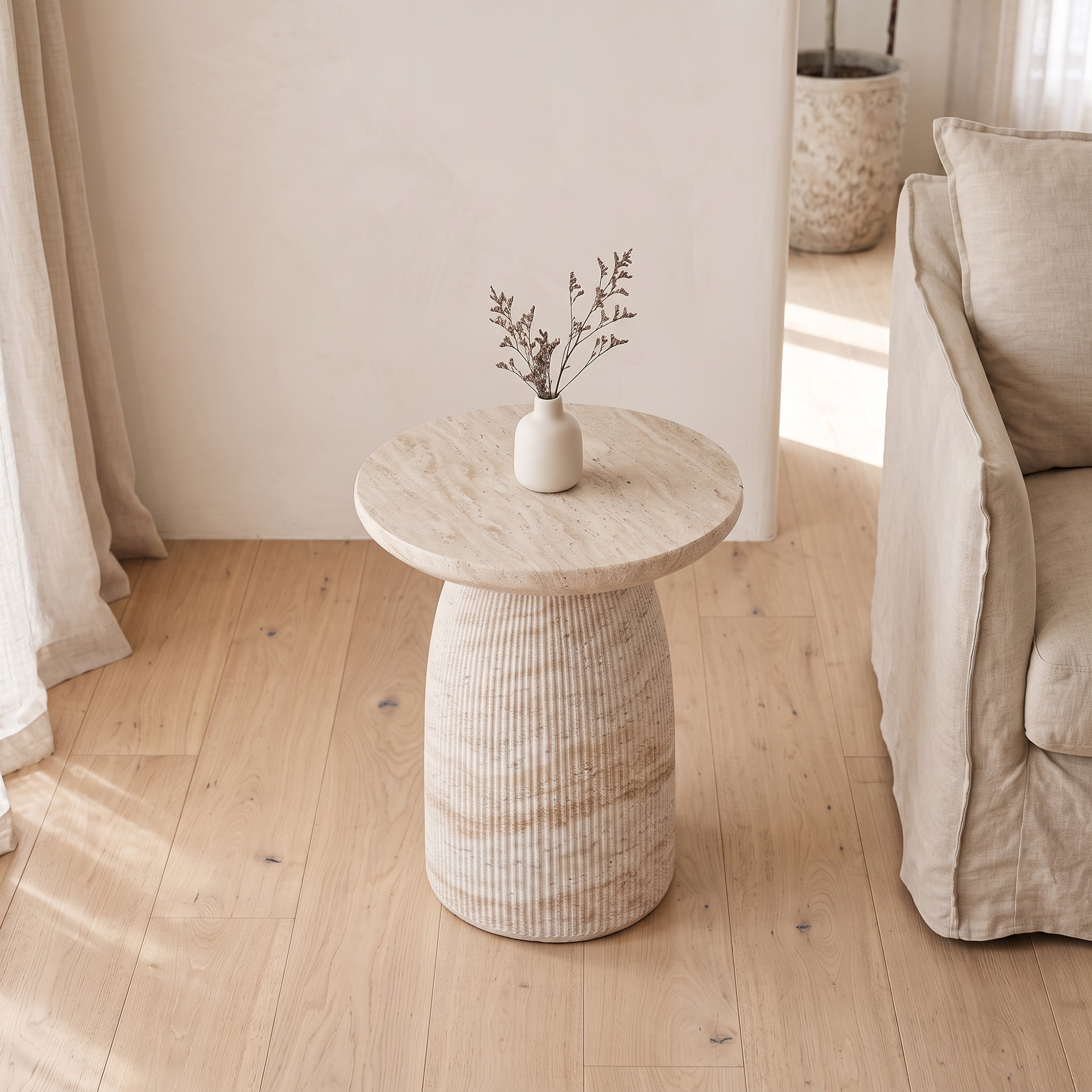 Fluted Travertine Look Side Table 45cm Round Accent Table Neutral Fluted Travertine Look Side Table 45cm Round Accent Table Neutral