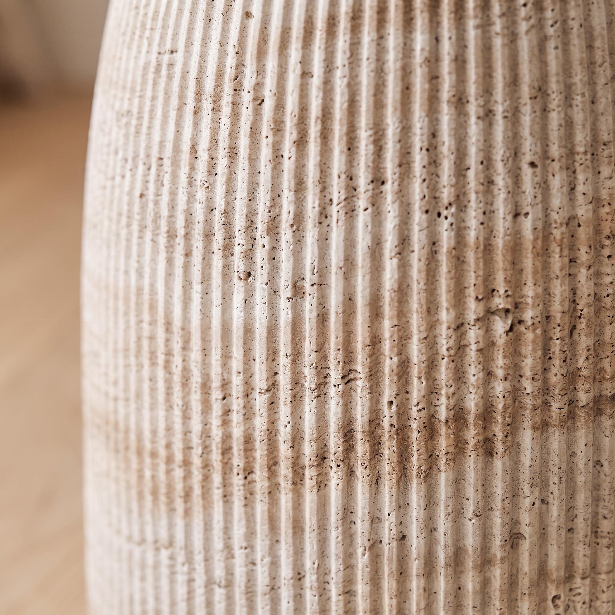 Fluted Travertine Look Side Table 45cm Round Accent Table Neutral Fluted Travertine Look Side Table 45cm Round Accent Table Neutral