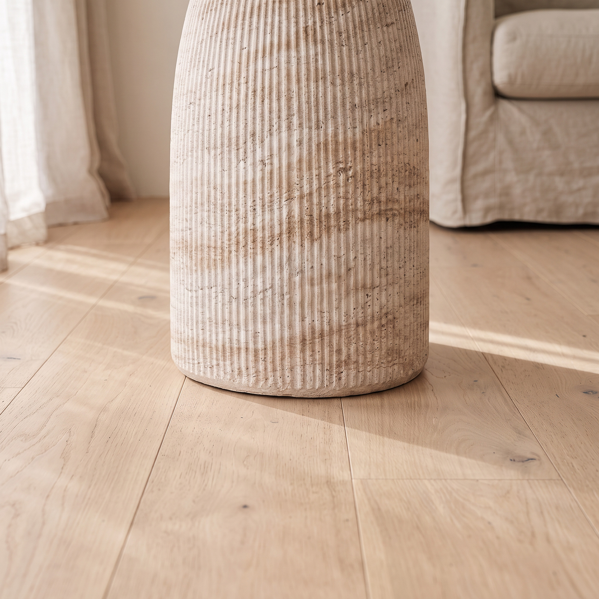 Fluted Travertine Look Side Table 45cm Round Accent Table Neutral Fluted Travertine Look Side Table 45cm Round Accent Table Neutral