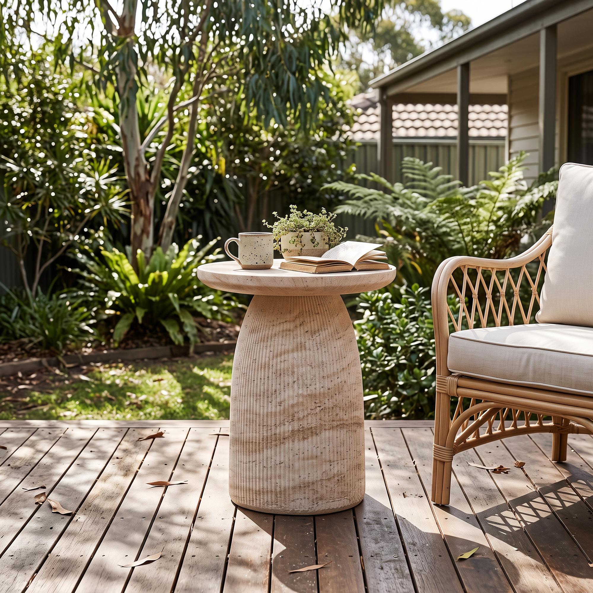 Fluted Travertine Look Side Table 45cm Round Accent Table Neutral Fluted Travertine Look Side Table 45cm Round Accent Table Neutral