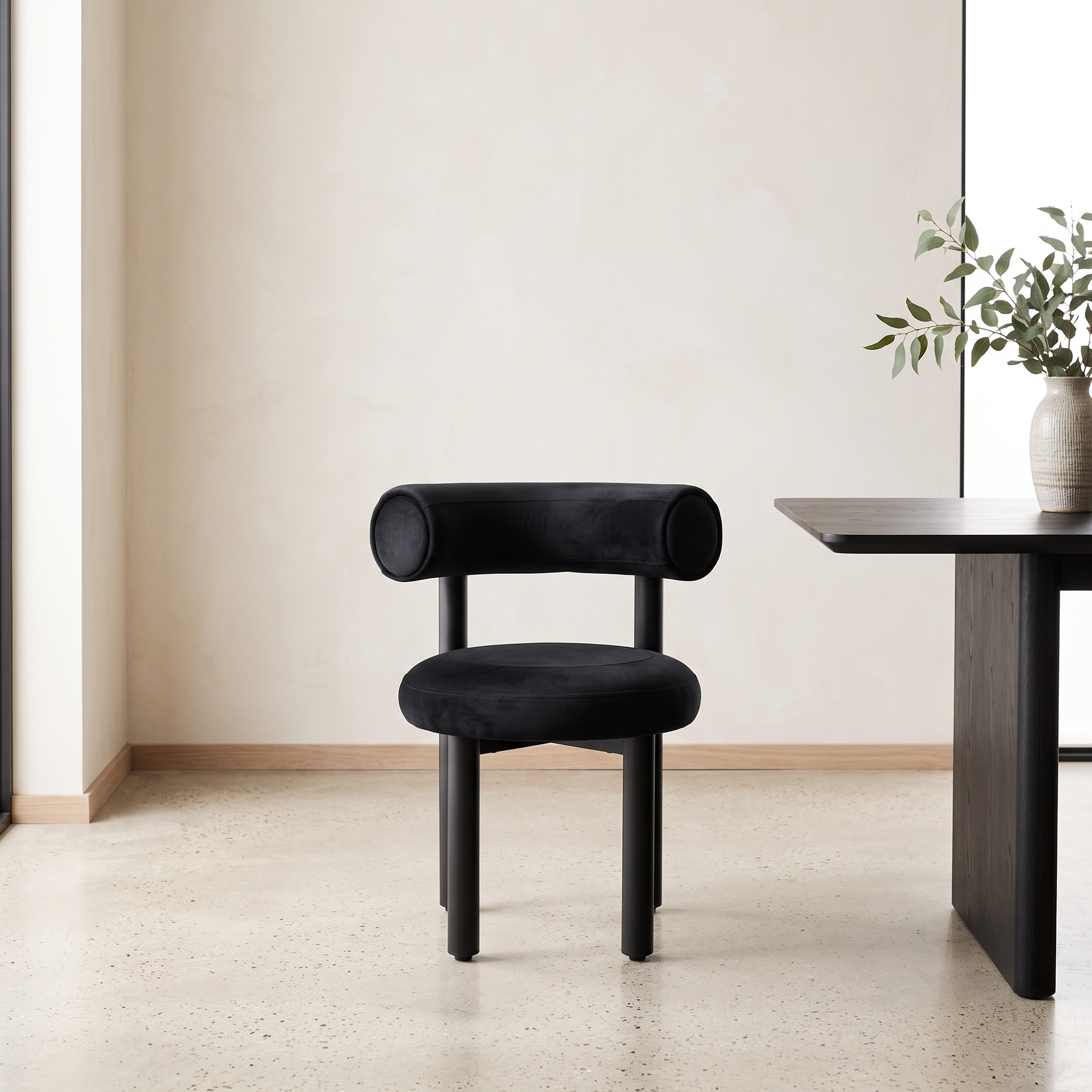 Mougins Bolster Velvet Dining Chair - Powder-Coated Steel Frame Black