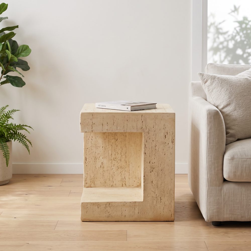 Mougins Architectural Faux Travertine Side Table & Plinth - Warm Ivory