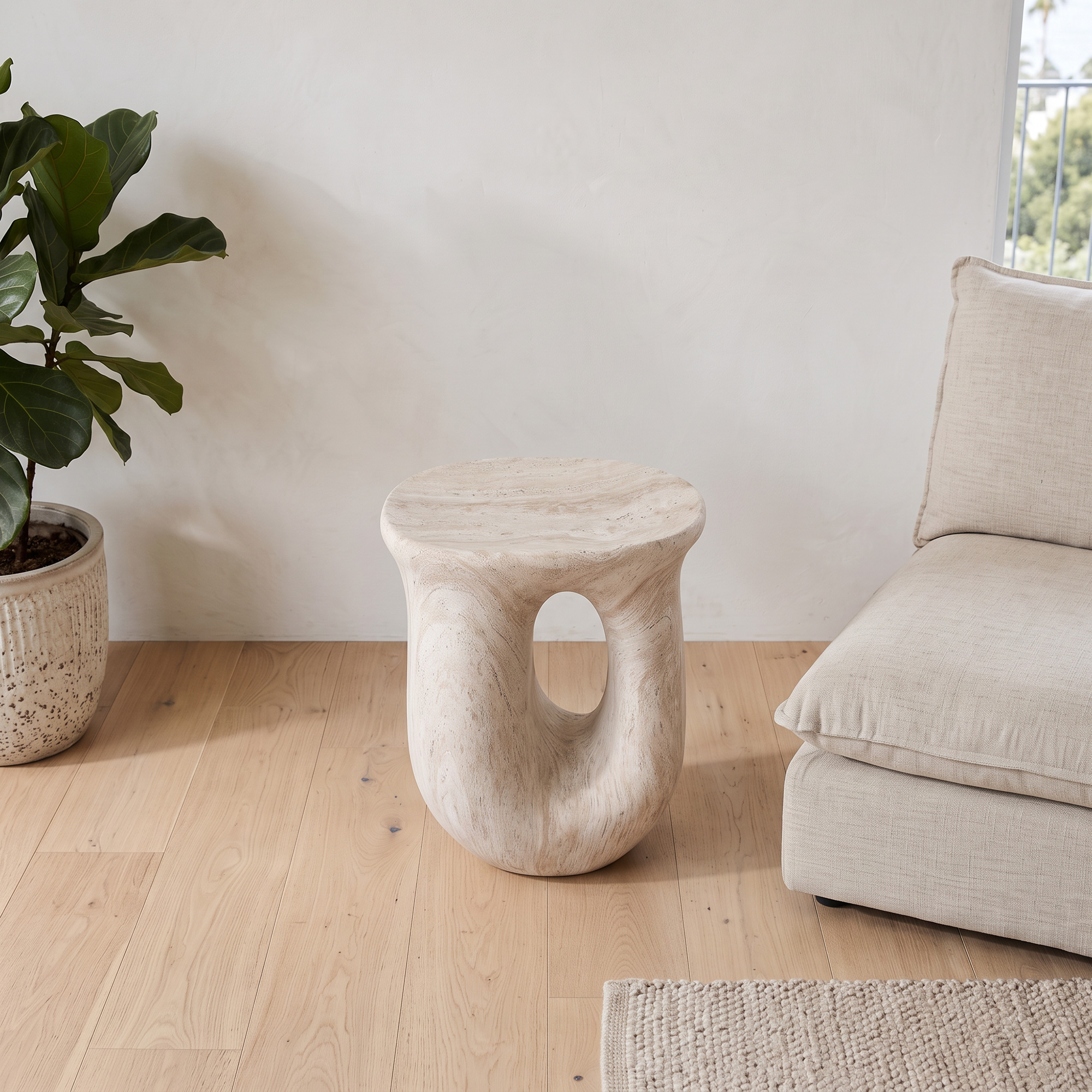 Sculptural MGO Side Table & Plant Stand – Natural Travertine Finish Sculptural MGO Side Table & Plant Stand – Natural Travertine Finish